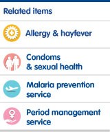 Allergy and hayfever, condoms and sexual health, malaria prevention service, period management service